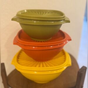 Vintage Tupperware Servalier Bowl SET Harvest Yellow Burnt Orange and Green